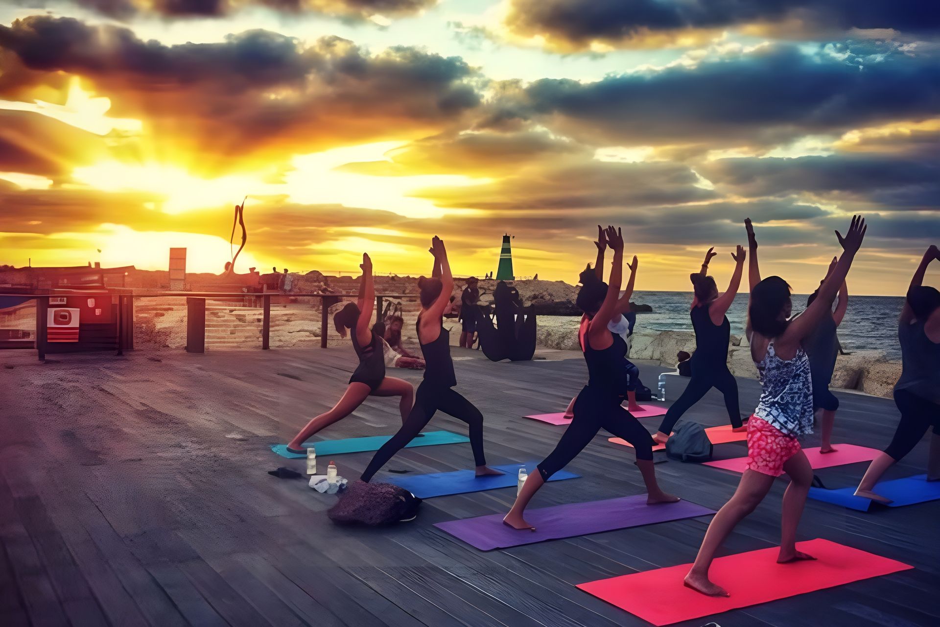 Yoga class outdoors at sunset. People with arms raised on mats. Golden sky, ocean view.