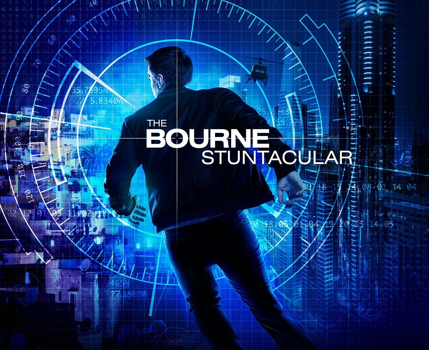 Man in jacket against blue cityscape, 