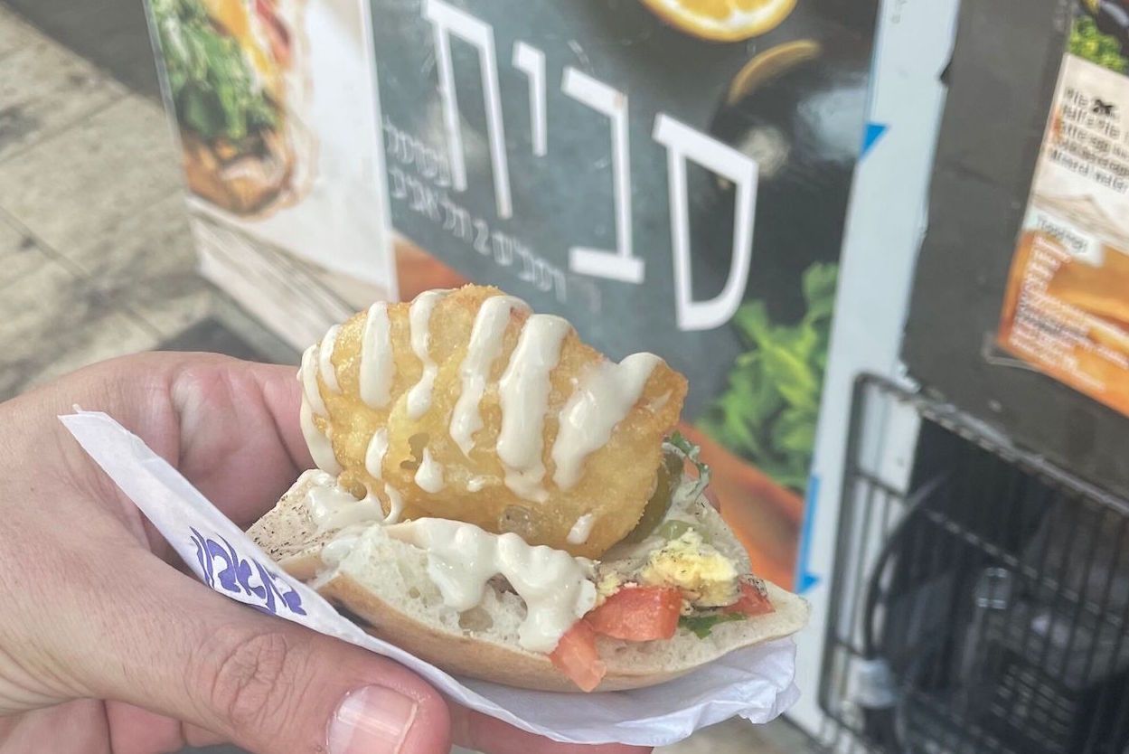 Hand holding a small pita sandwich with a fried patty, white sauce, and tomatoes.
