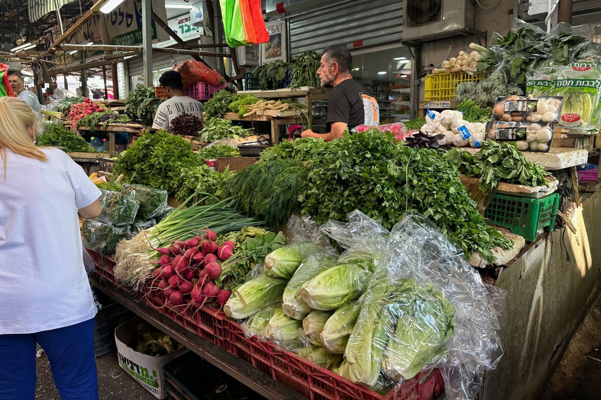 Produce stand at a market with customers. Vegetables, radishes, greens, and cabbages on display.