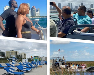 Miami vacation photos: Couple on boat, tourists on bus, beach with chairs, airboat in swamp.