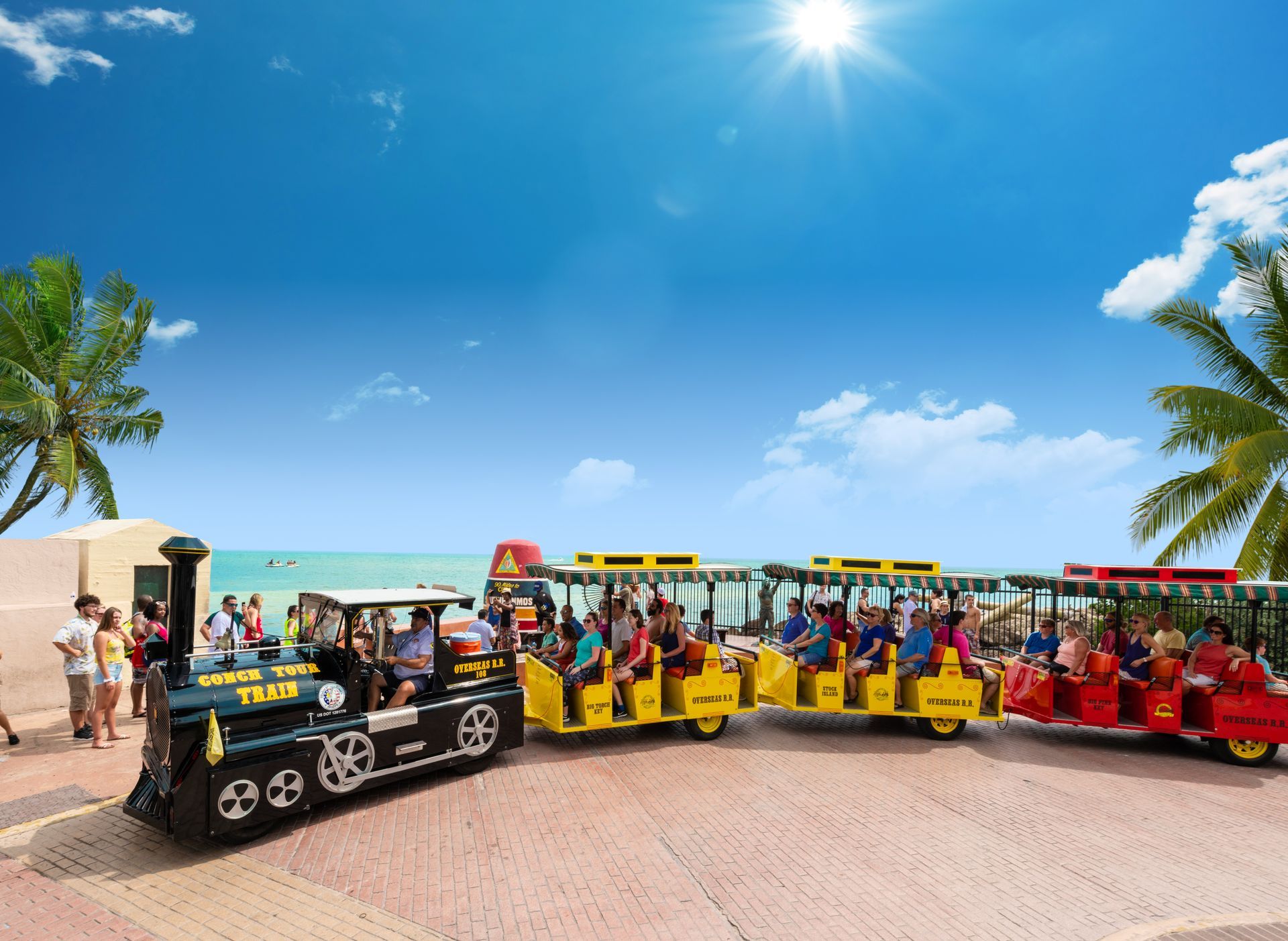 Train carrying people on a sunny beach day with blue sky, ocean view, and palm trees.