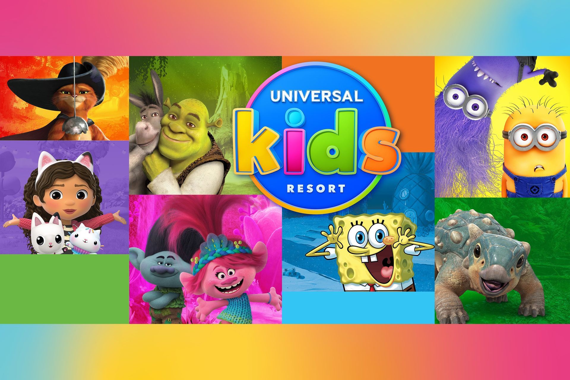 Universal Kids Resort theme park in Frisco, Texas - colorful entrance with seven themed lands including SpongeBob Bikini Bottom, Shrek's Swamp, and Jurassic World Adventure Camp.