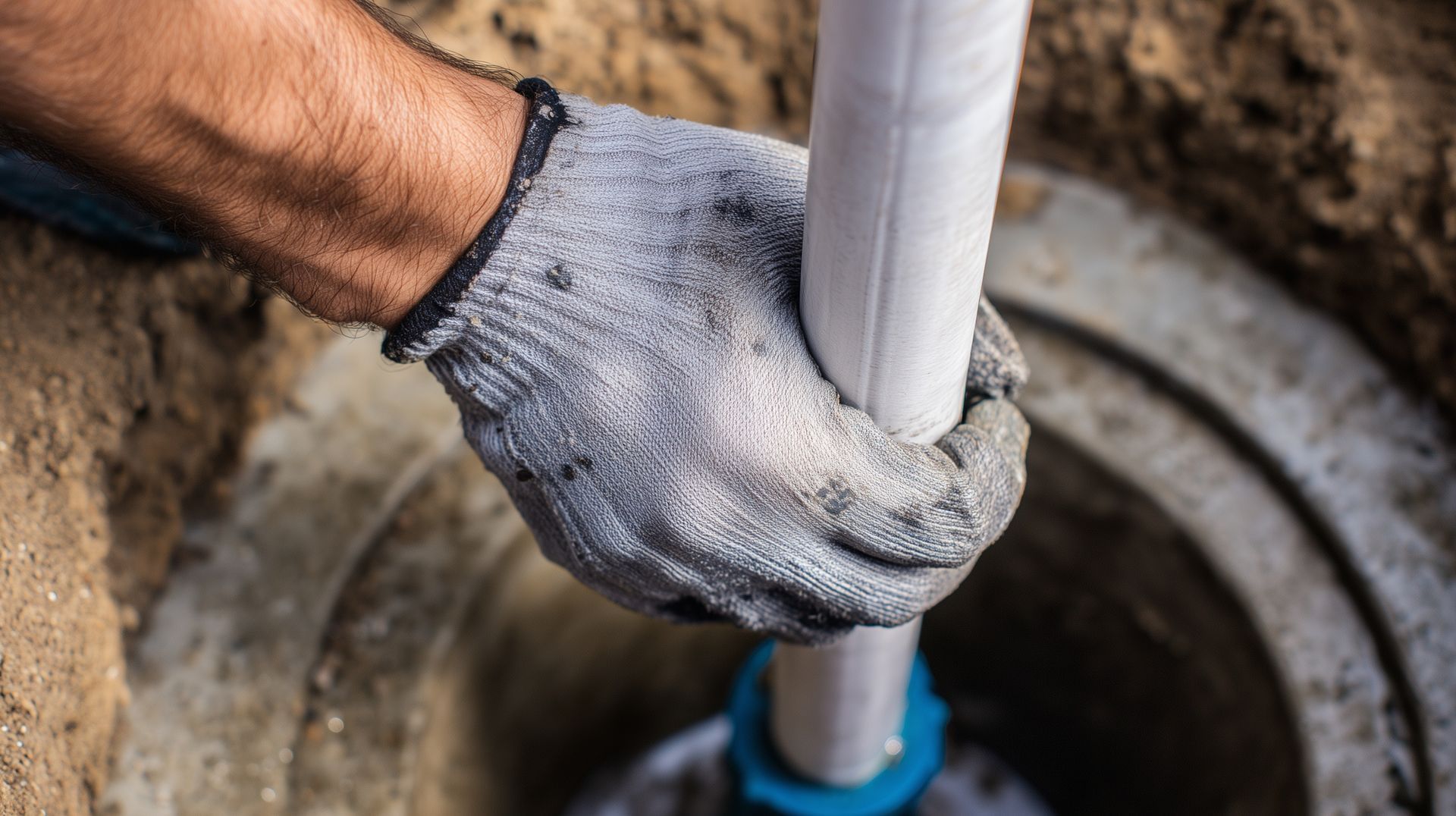 A technician's hands with a pipe are doing an emergency water well repair.