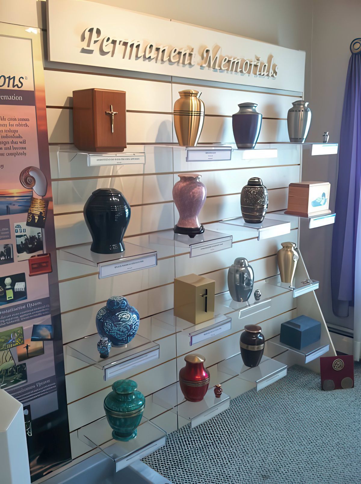 Display of cremation urns on shelves labeled 