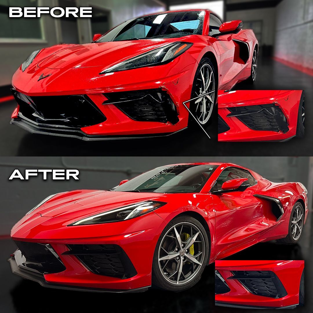 Red Chevrolet Corvette before/after: top shows black vent, bottom shows black vent with accent.