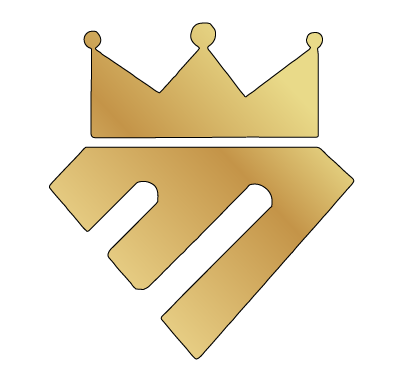 A gold logo with a crown on top of a letter m