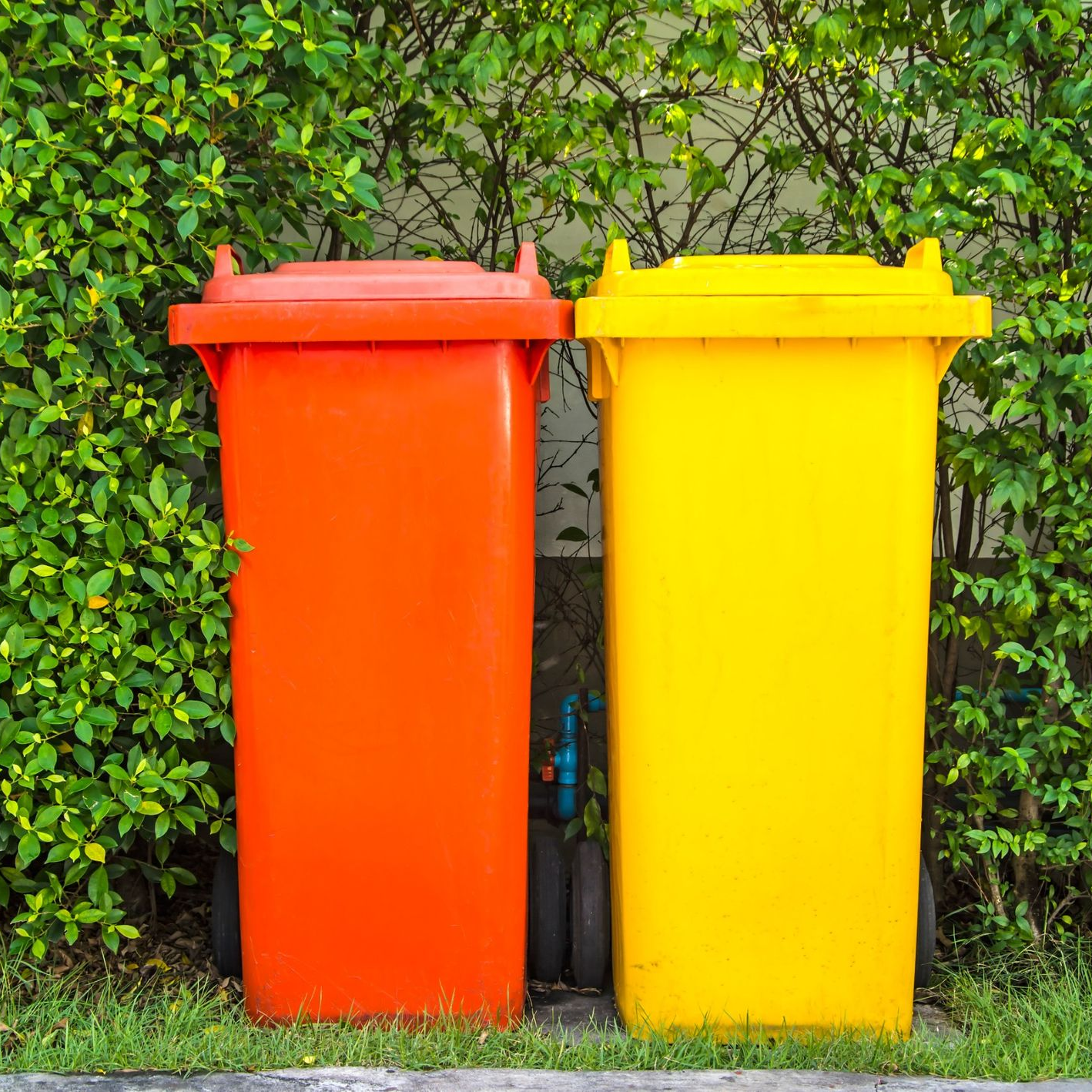 A green trash can with a piece of paper in it.