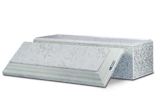 A white coffin with the lid open on a white background.