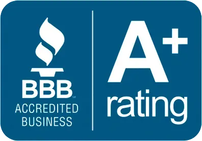 A blue sign that says bbb accredited business and a+ rating