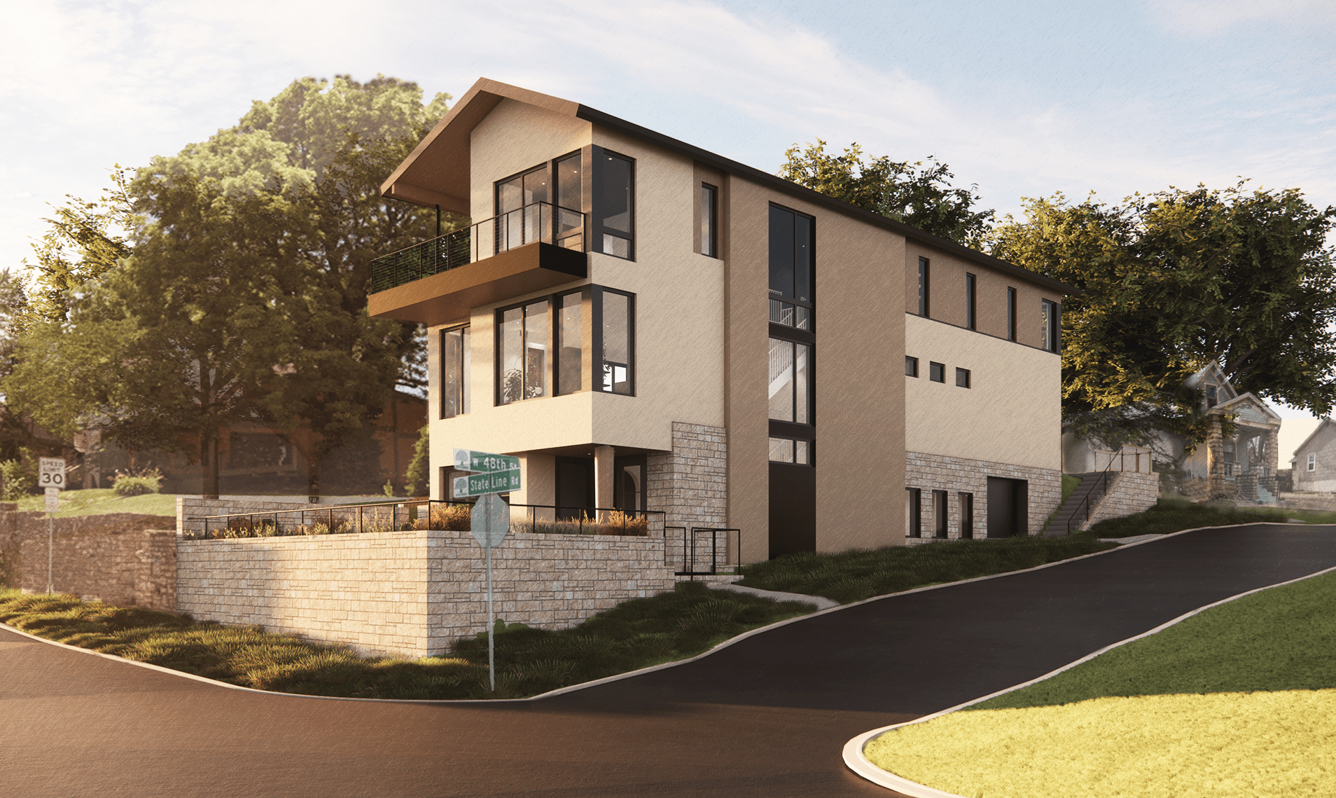 A visual rendering of a kitchen and living room in a modern home