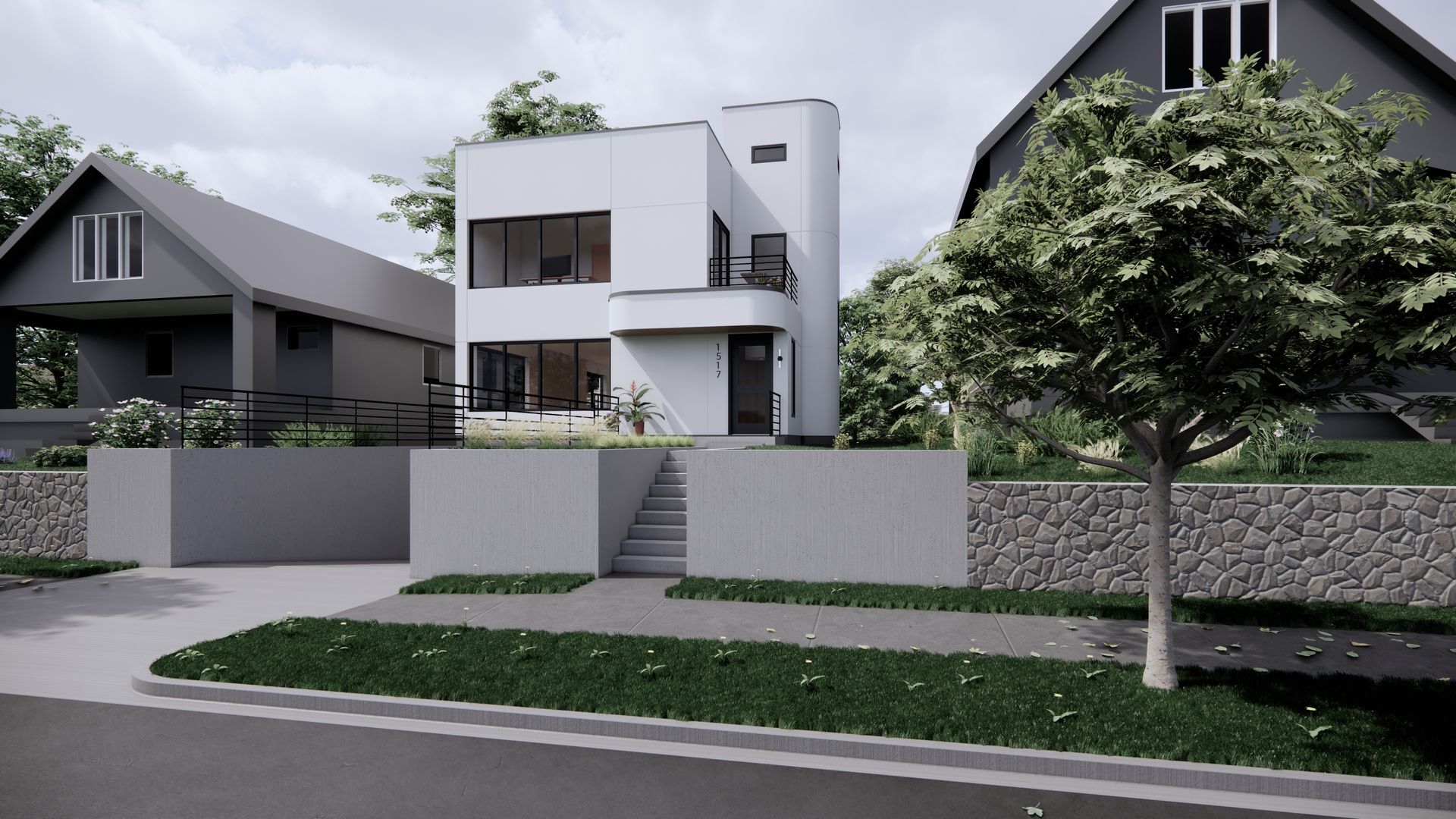 A visual rendering showing modern house in a residential neighborhood.