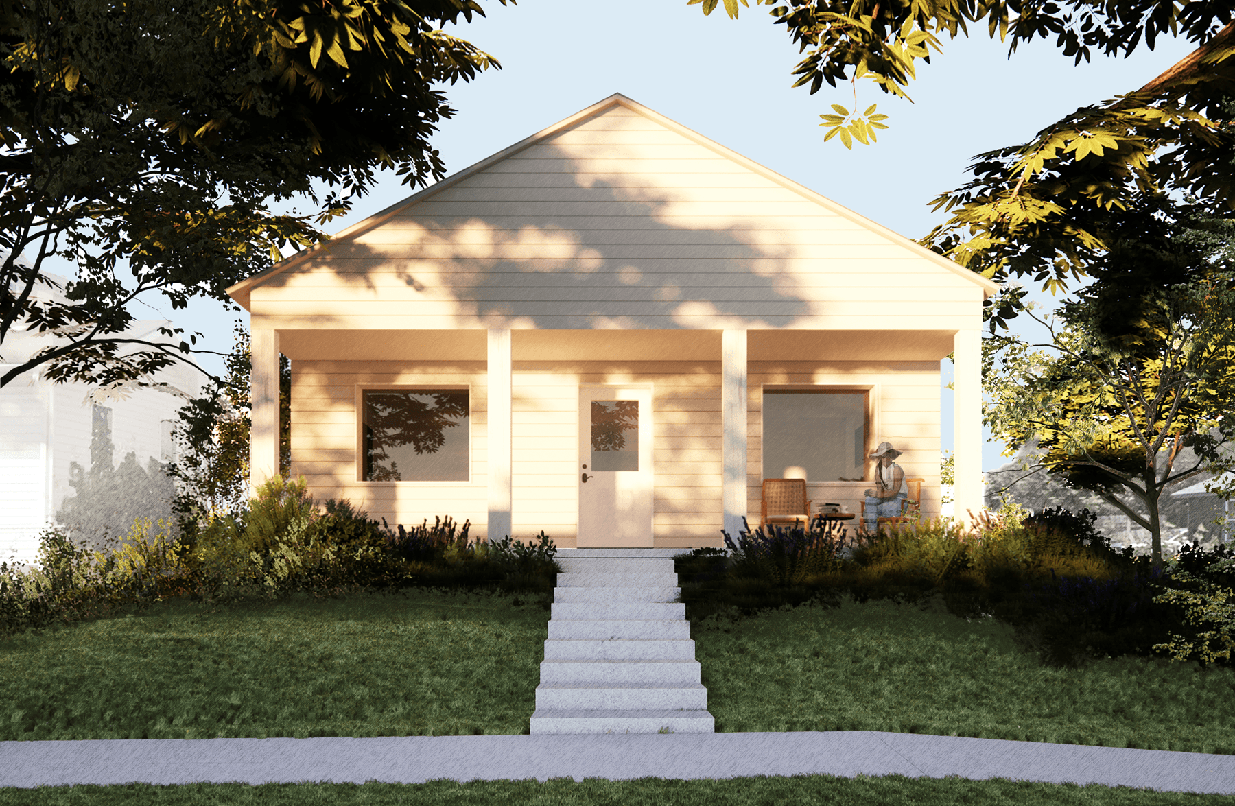 A visual rendering showing modern house in a residential neighborhood.