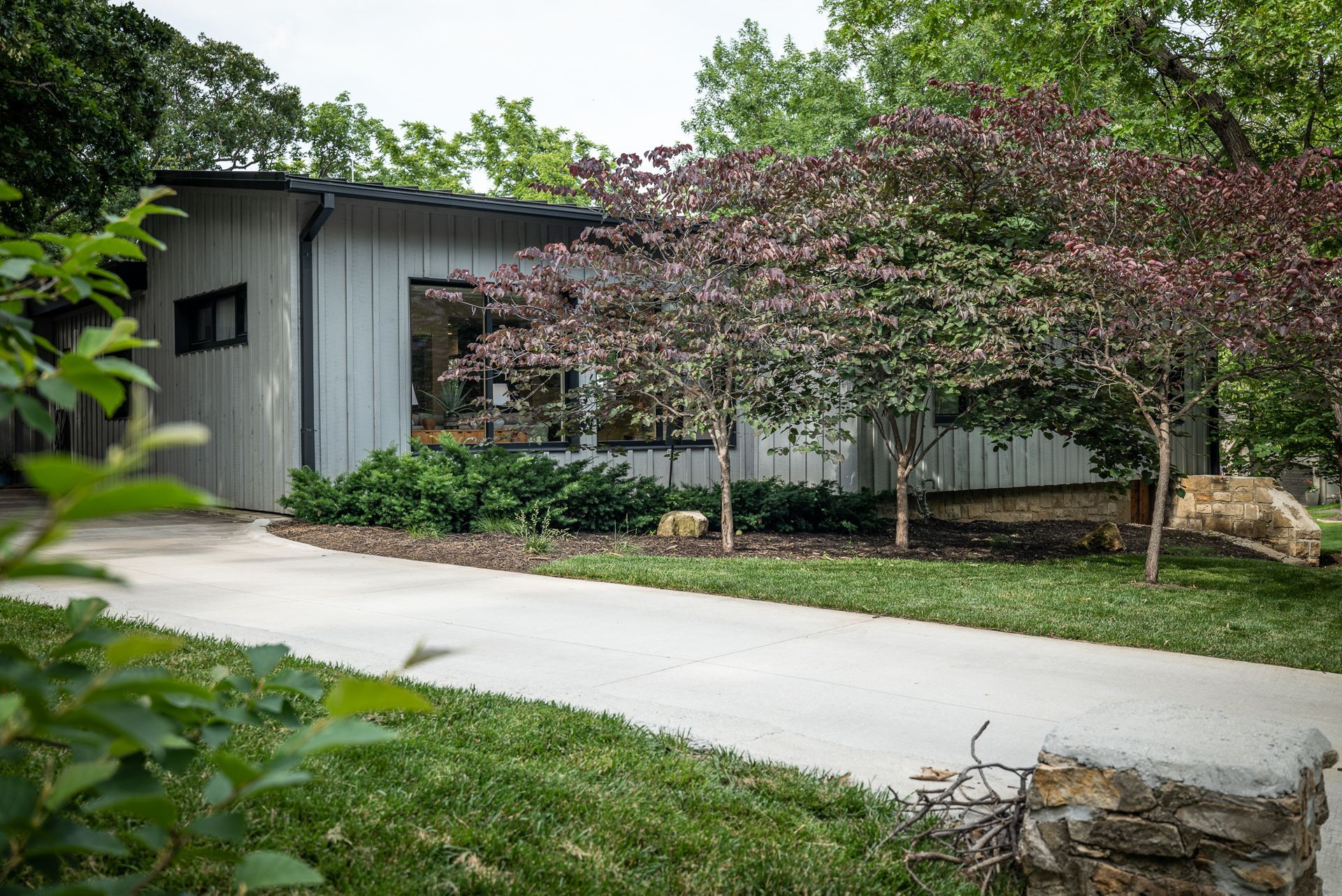 Exterior shot of grey mid-century modern home with budding trees