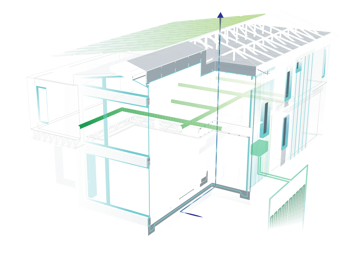 Rendering of a high performance home showing mechanicals, solar, insulation and a rainscreen.