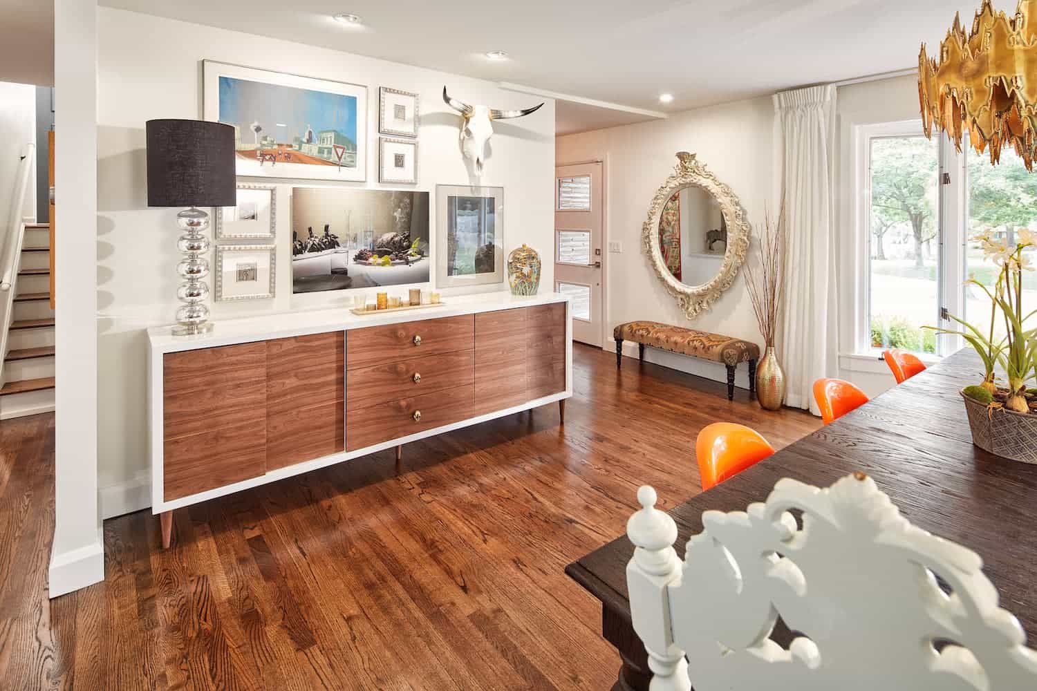 Modern, eclectic dining room with mid century furniture.