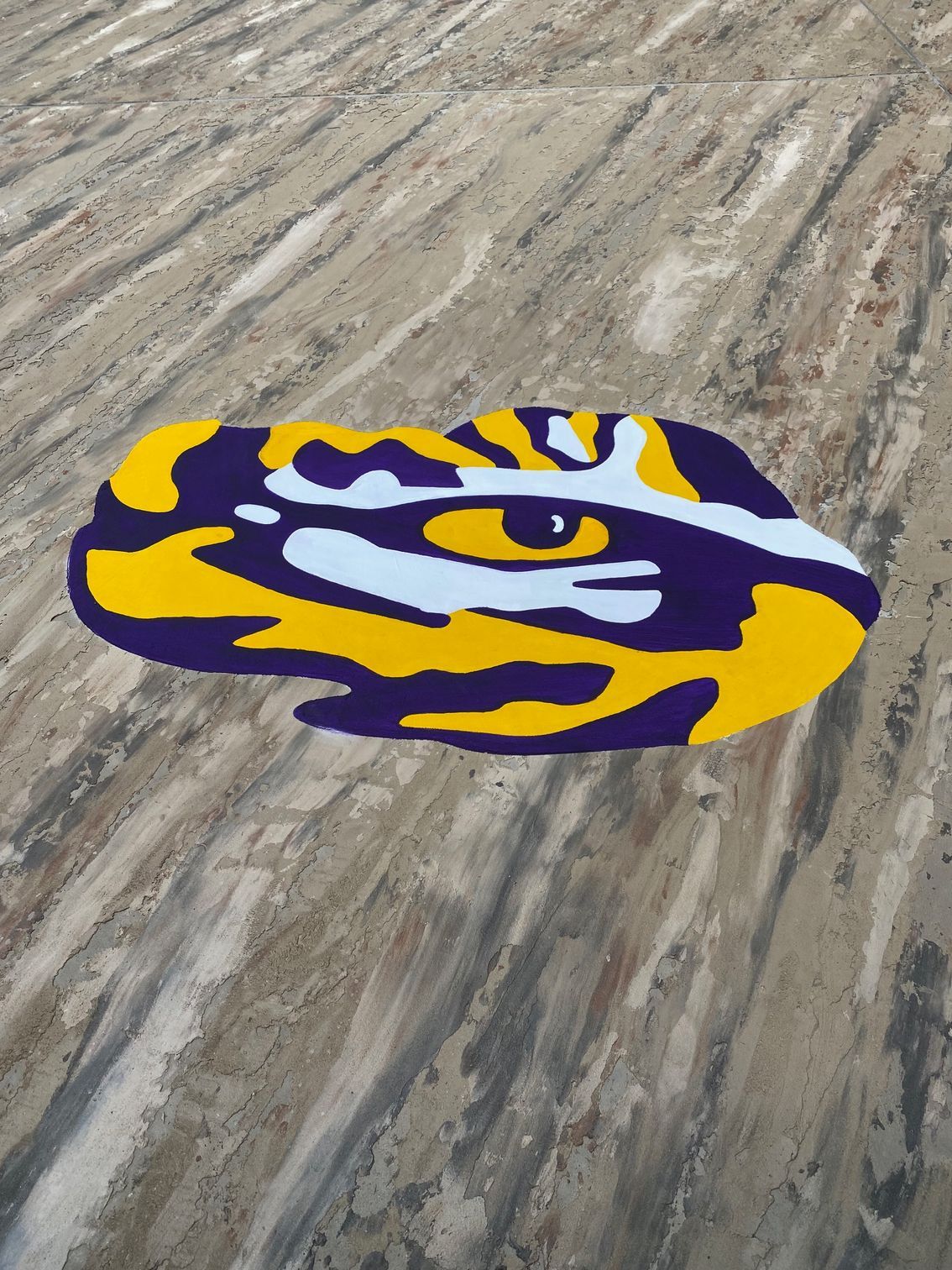 A purple and yellow tiger logo is painted on the ground