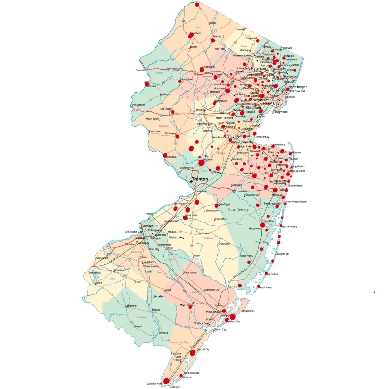 Opening Car Door — New Jersey — New Frontier Valet LLC Map of New Jersey with red dots marking locations, various colors within county borders. New Jersey — New Frontier Valet LLC