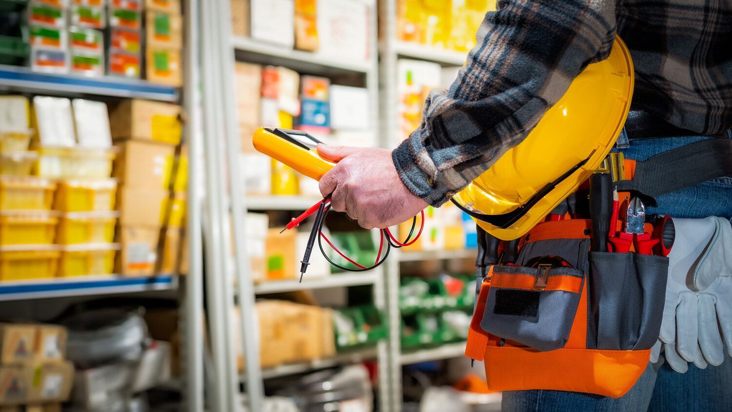 A man wearing a hard hat is holding a multimeter in a warehouse.