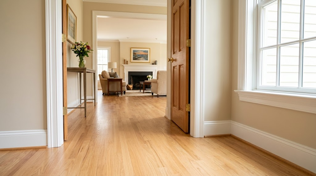 Bright hallway with hardwood floors leading to a cozy living room, lit by a large window on the right.