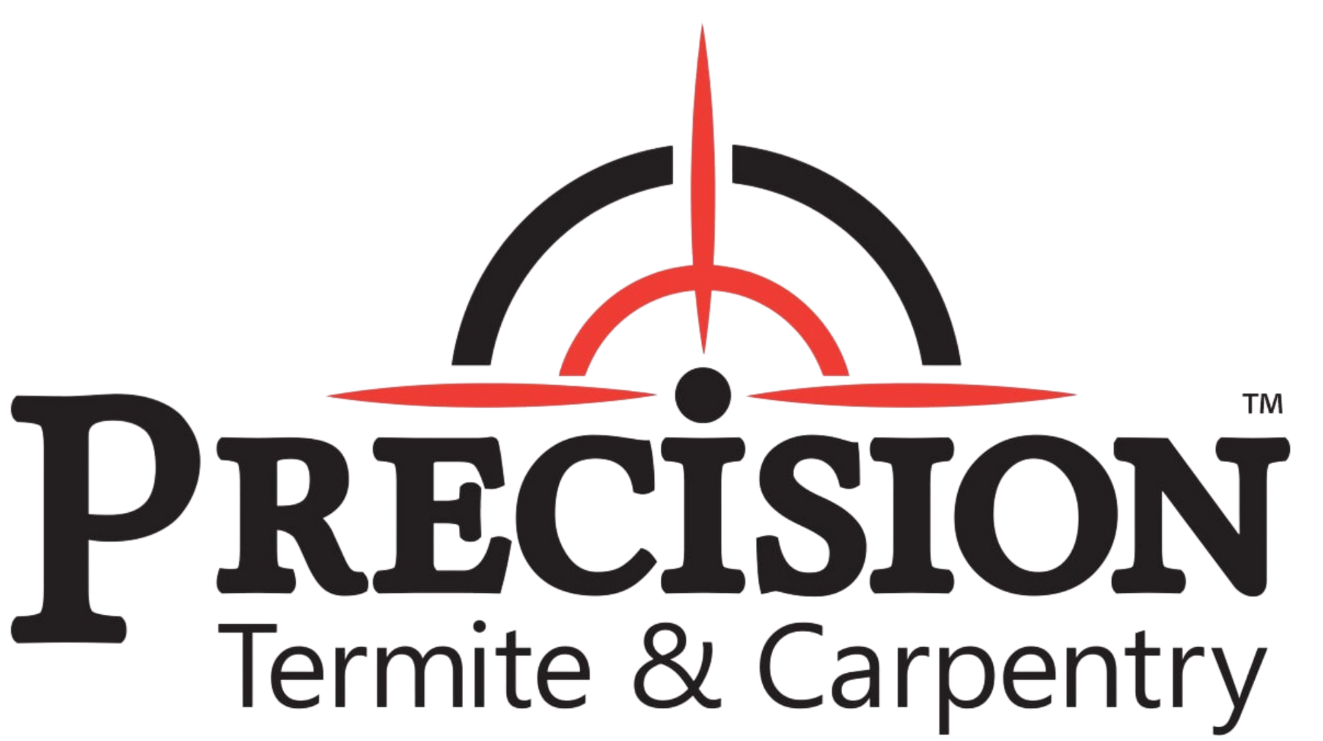 Precision Termite & Carpentry logo with black text and a red-and-black target icon above it