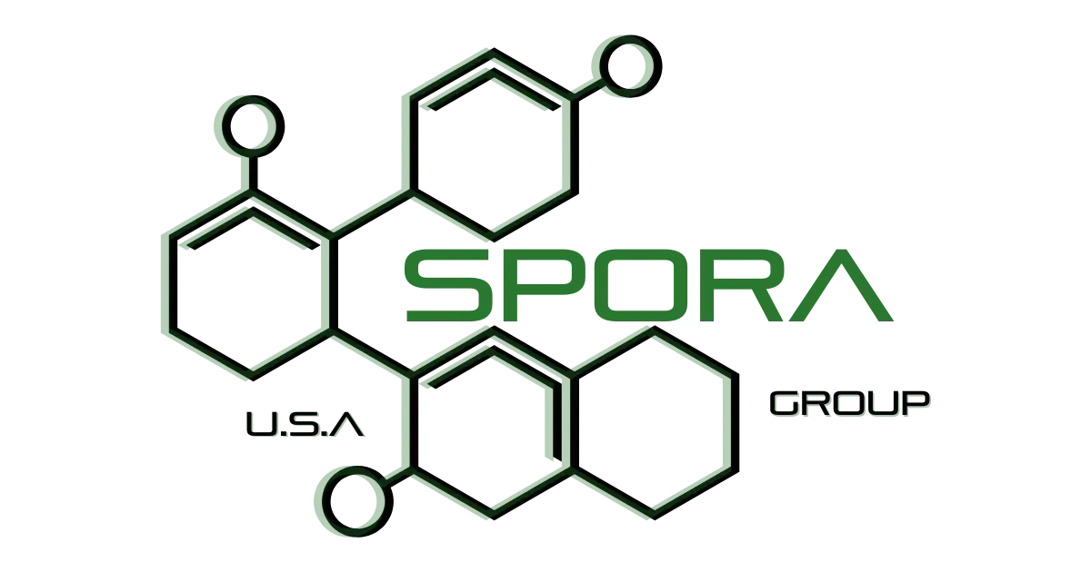 Spora Mold Remediation logo featuring a molecular structure symbolizing precision, science, and air quality services.