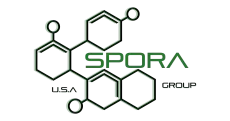 Spora Mold Remediation logo featuring a molecular structure symbolizing precision, science, and air quality services.