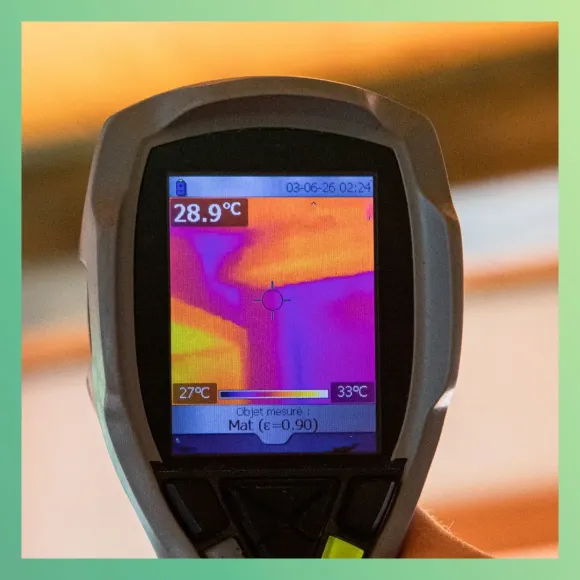 FLIR thermal imaging tool used by Spora Mold Remediation for detecting hidden moisture and mold inside walls.