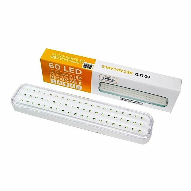 Luz de emergencia recargable de 60 LED de color blanco con su embalaje.