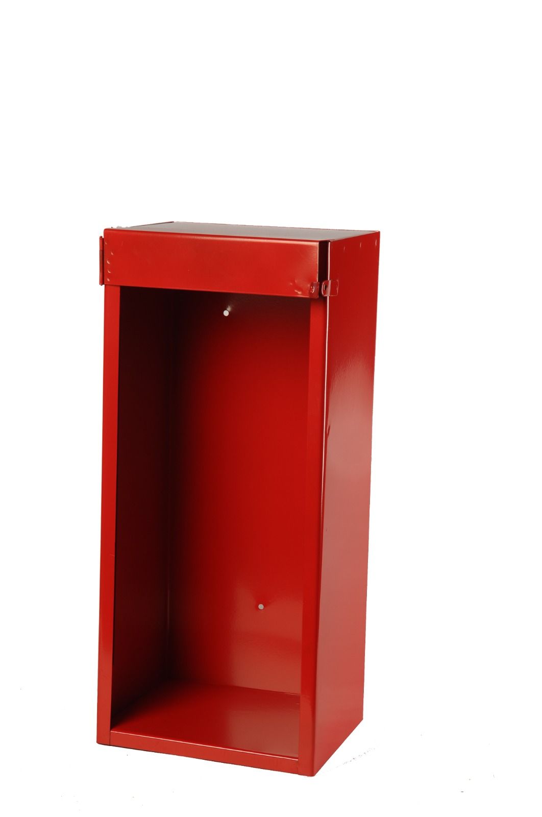 Gabinete para extintor de incendios de metal rojo.