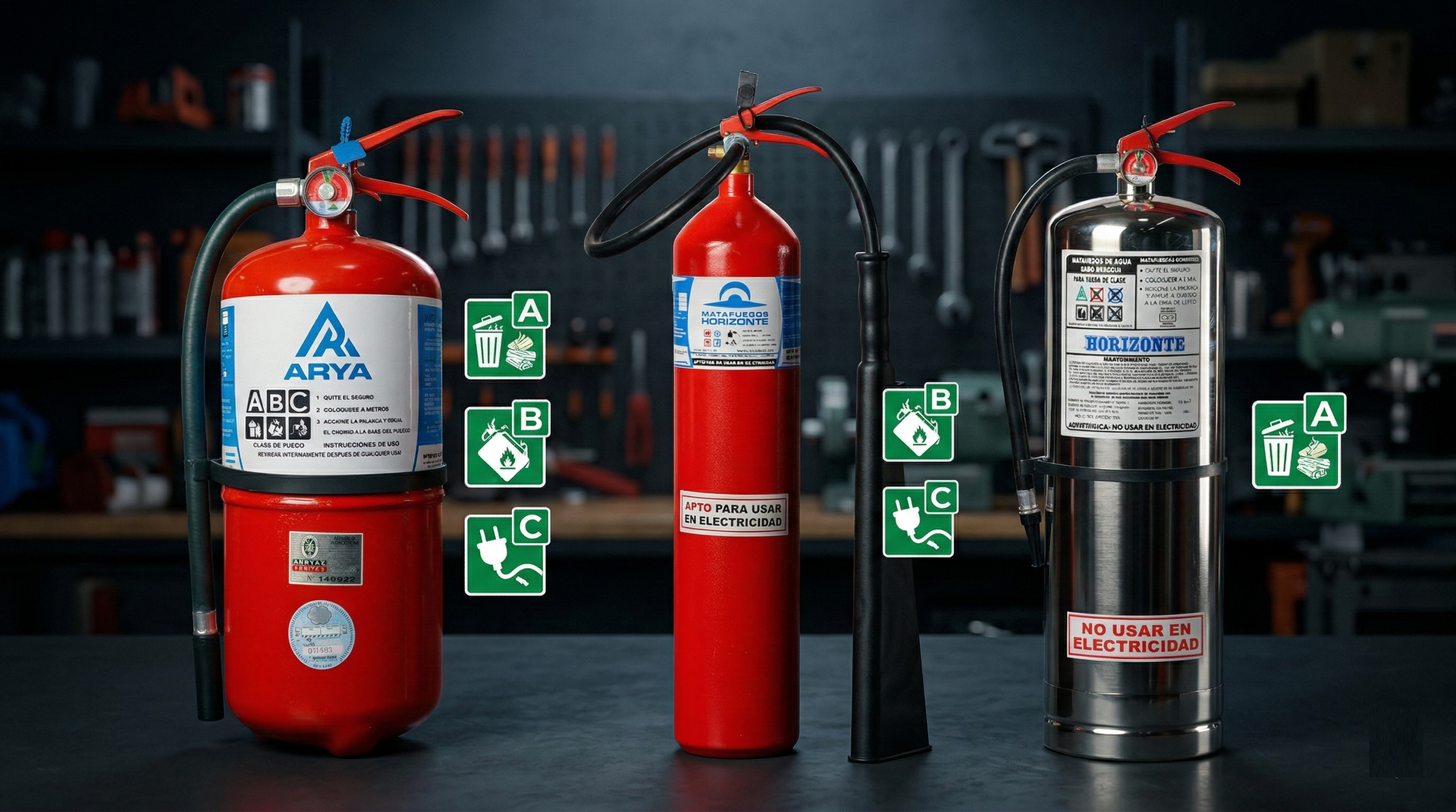 Tres extintores en un taller, que muestran iconos verdes que representan sus respectivas clases de resistencia al fuego.