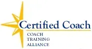 Logo for Certified Coach Coach Training Alliance, with a golden starburst and navy text.