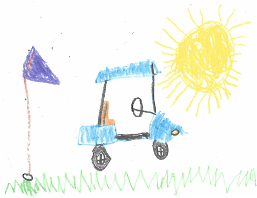 A child 's drawing of a golf cart and the sun