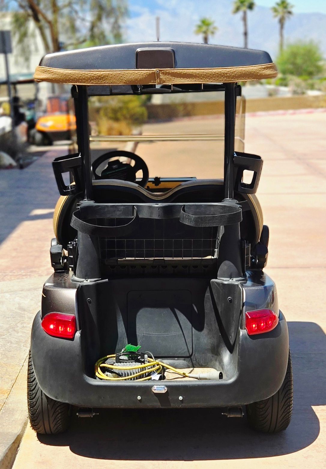 The back of a golf cart with the trunk open