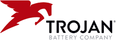 The trojan battery company logo is a red horse with wings and a lightning bolt.