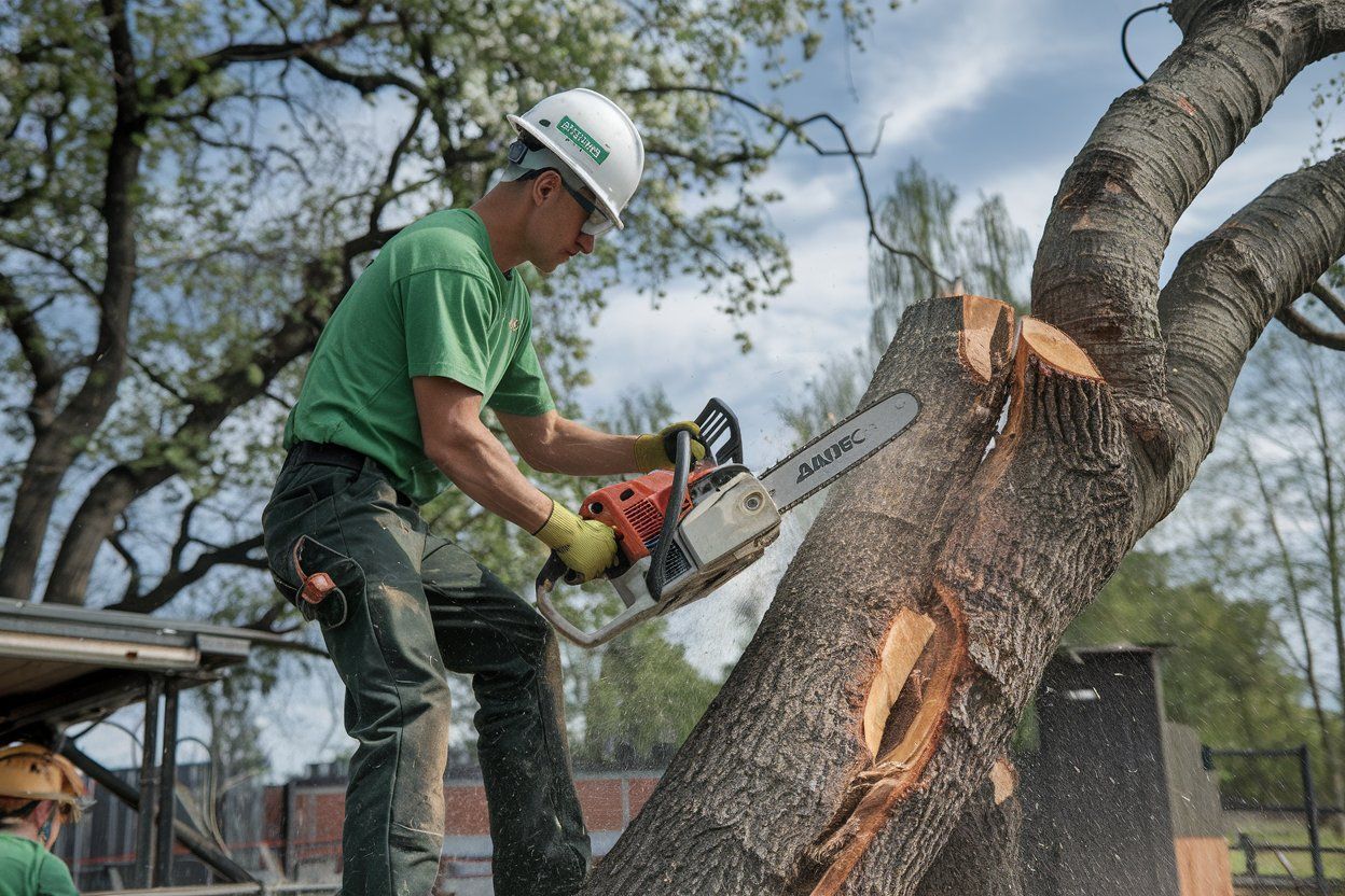 A man is cutting a tree with a chainsaw.