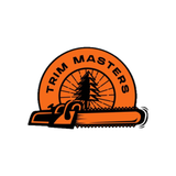 Logo for Trim Masters: Orange semi-circle with text, a pine tree, and a black chainsaw.