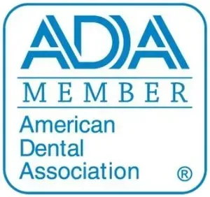 ADA Member badge. Blue text on white background: ADA, MEMBER, American Dental Association. Square shape.