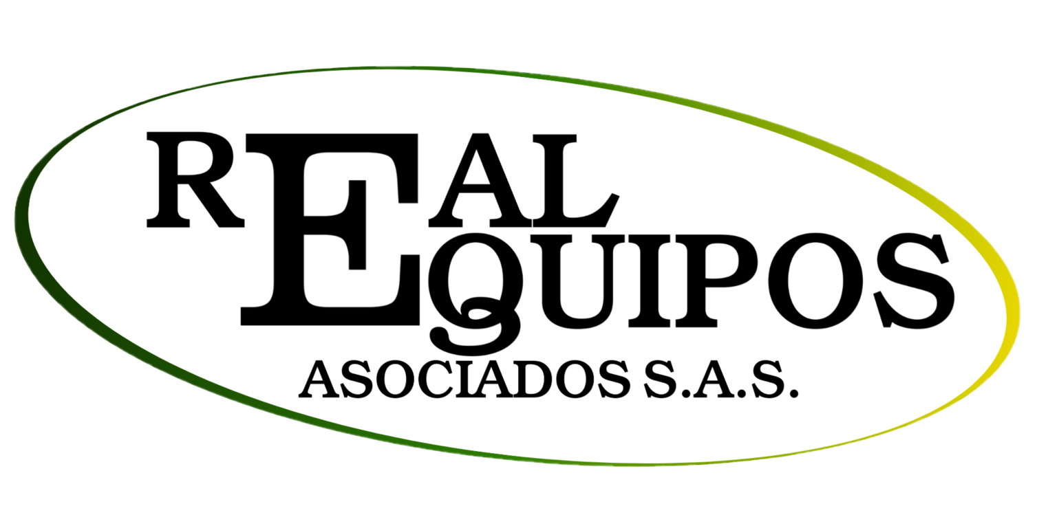 Logo de Real Equipo Asociados Pereira Colombia, maquinaria con letras blancas.