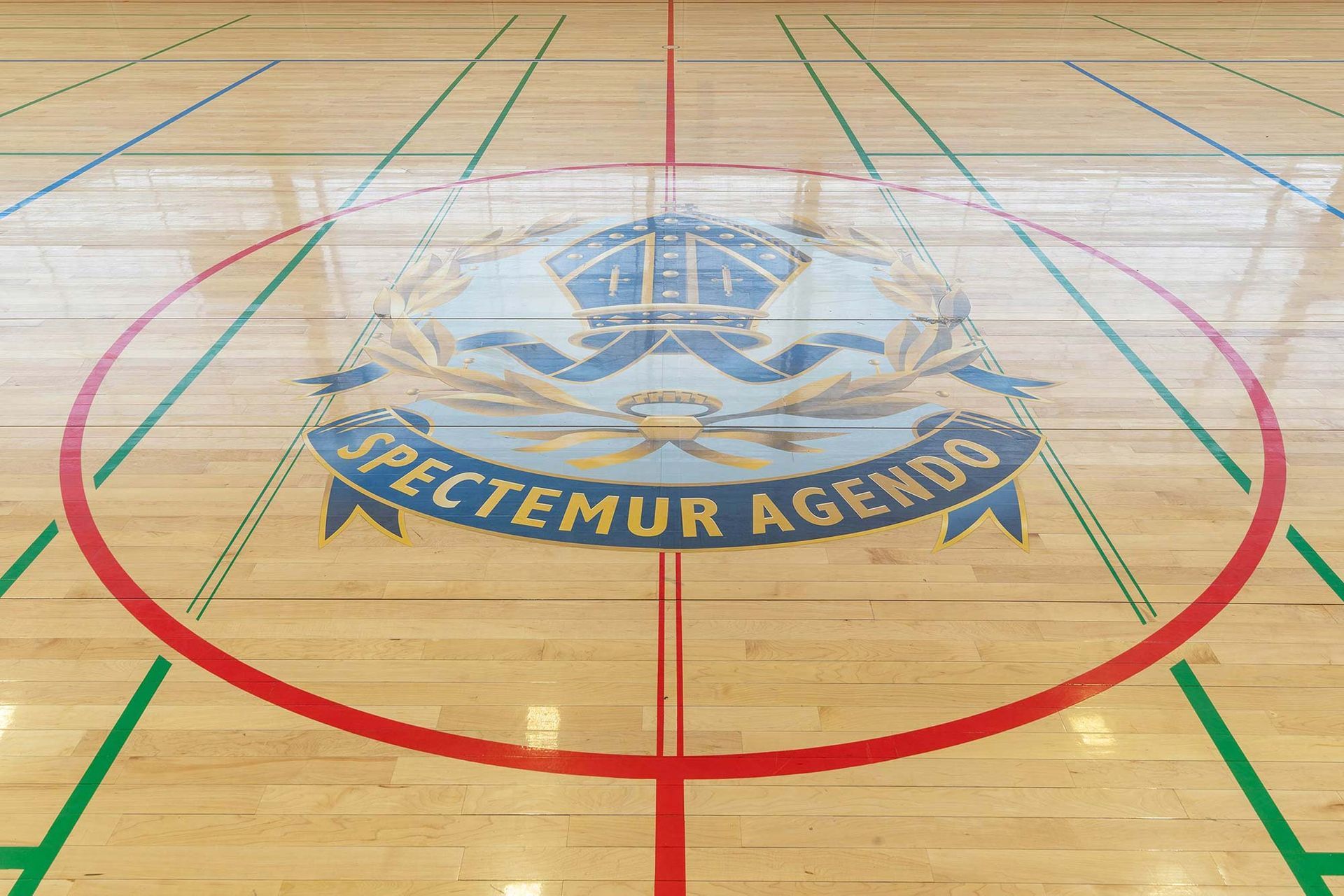 A logo on the floor of a basketball court