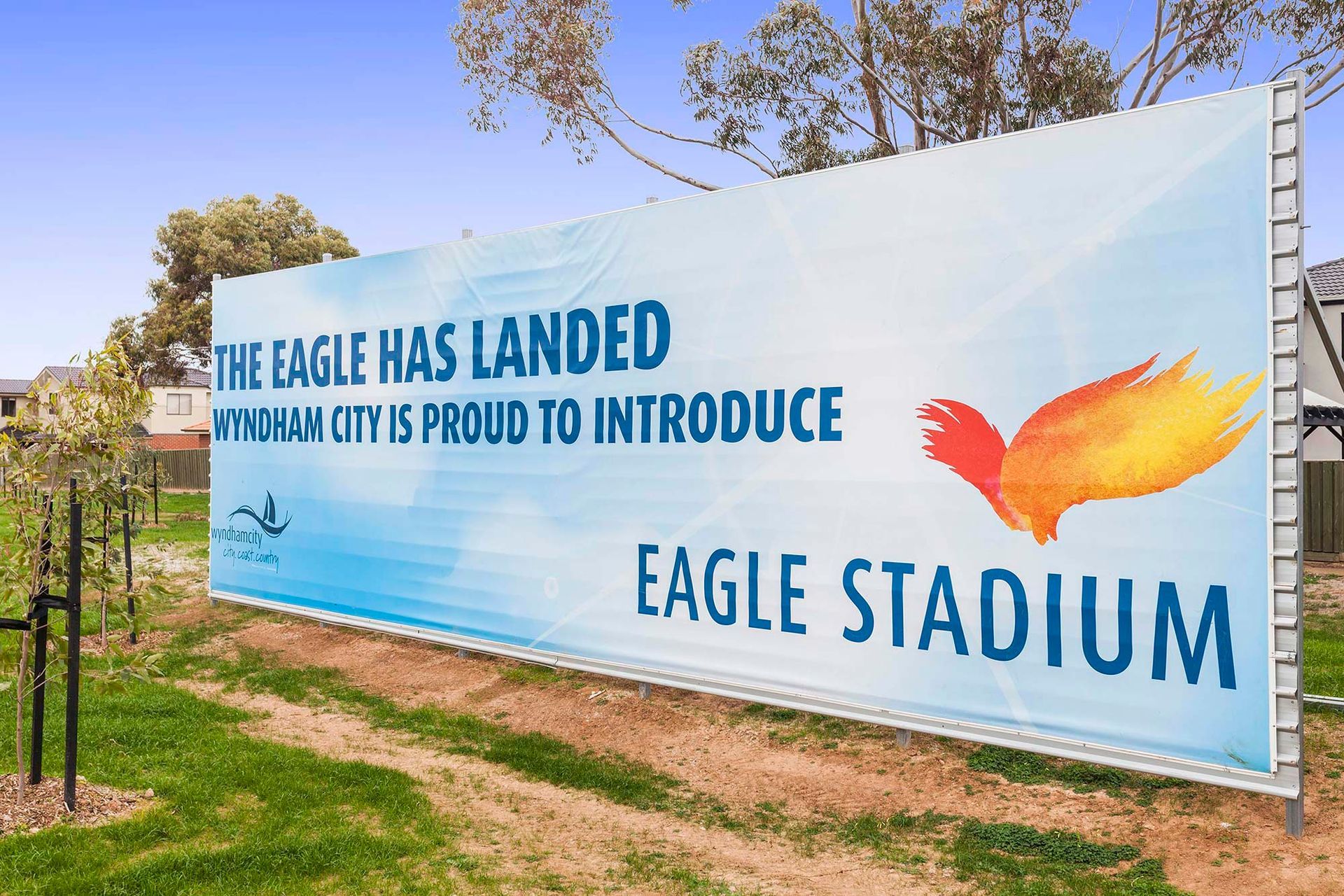 A large billboard that says the eagle has landed eagle stadium