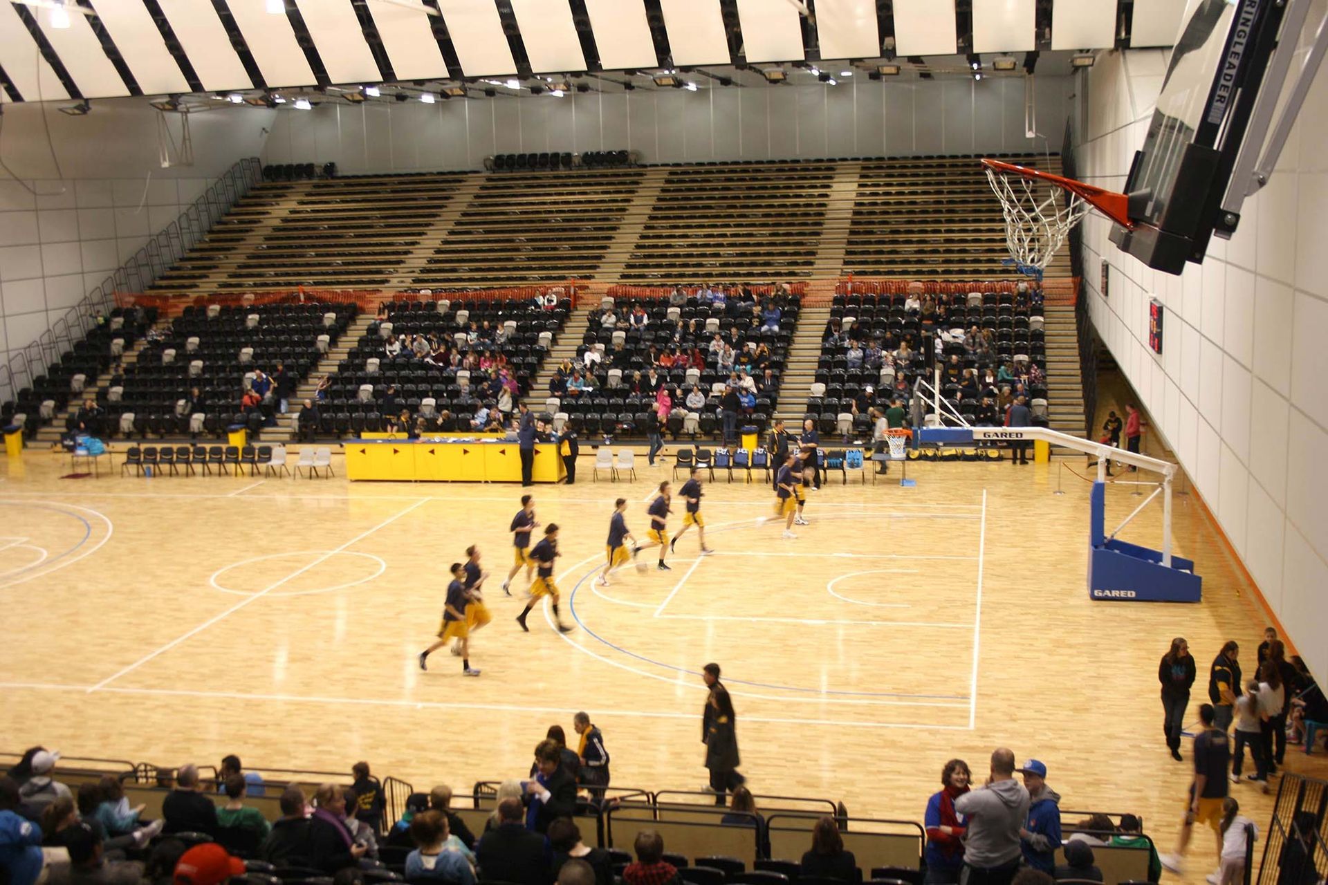 A group of people are playing basketball in a stadium