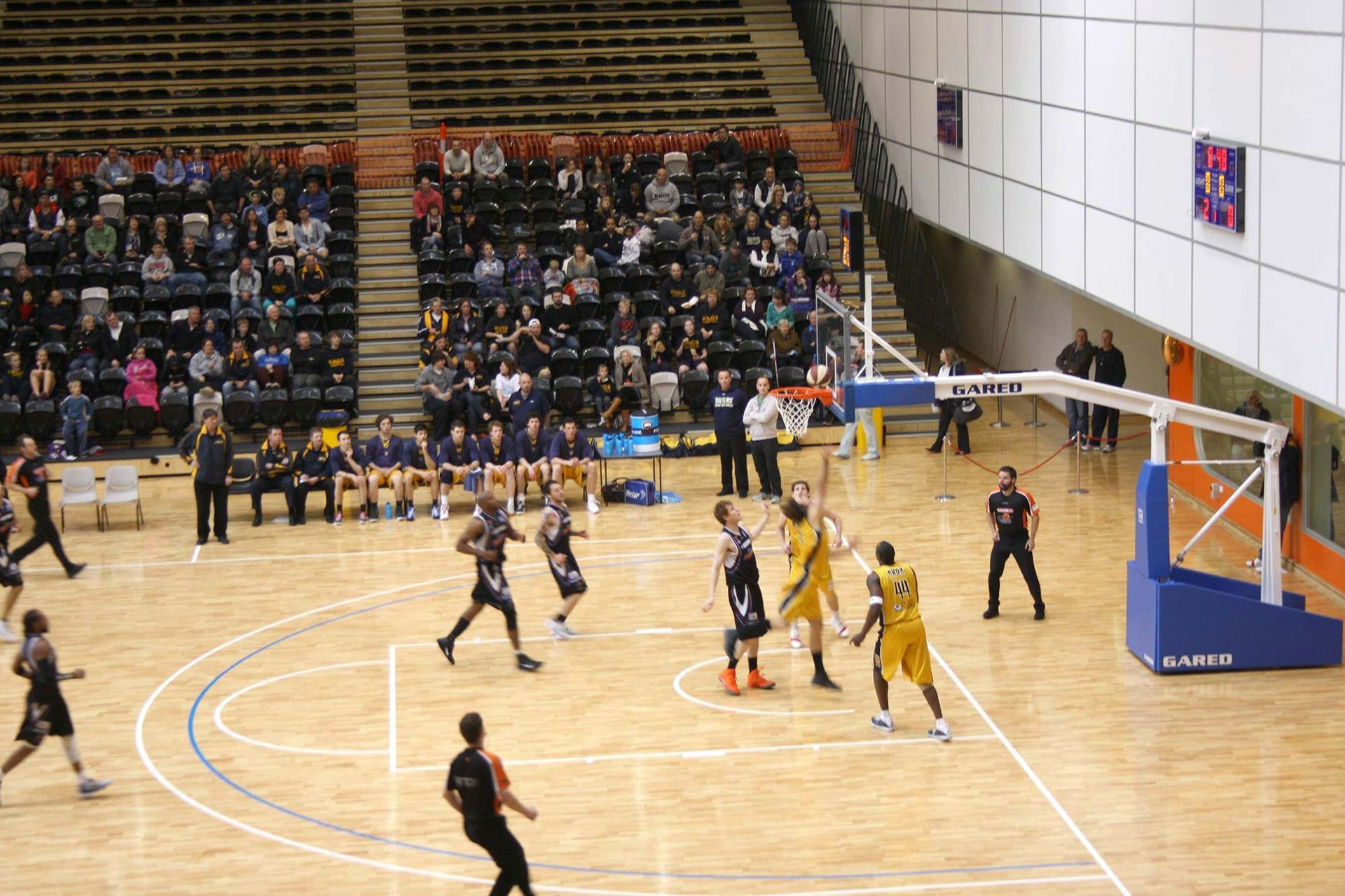 A group of people are playing basketball on a court.