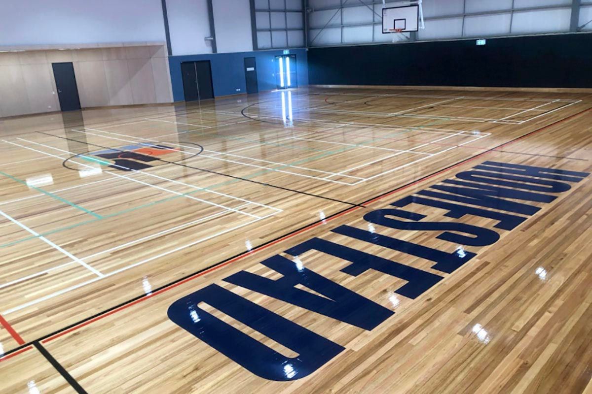 A basketball court with the word chester on it