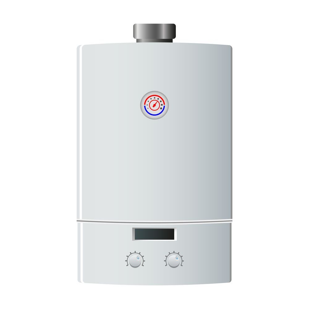 Scaldabagno o caldaia a parete di colore bianco con due manopole di controllo e un piccolo pannello di visualizzazione.