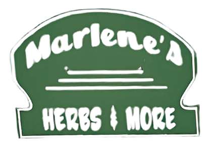 Logo for Marlene's Herbs & More. Green background with white text: 