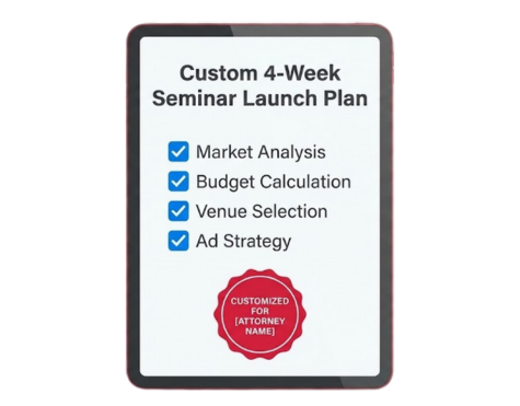 Tablet screen showing a custom 4-week seminar launch plan. Key steps include market analysis, budget, venue, and ad strategy.