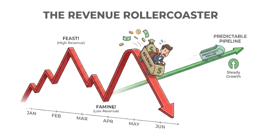 Graph showing revenue fluctuations (red roller coaster) vs. a predictable, steady growth pipeline (green).