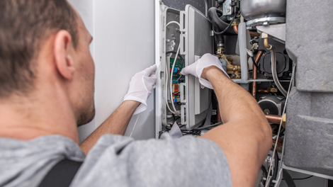 Man in gloves repairs a boiler; white gloves, grey clothing, indoor setting.