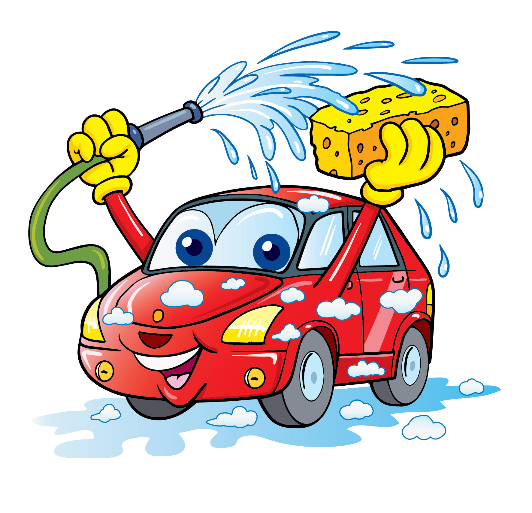 A cartoon car is washing itself with a hose and sponge.